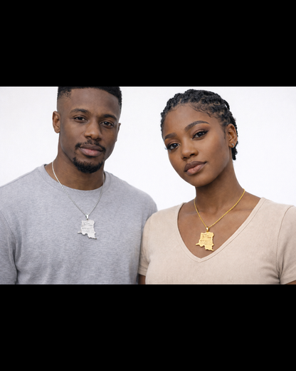 Collier Carte RDCongo – Héritage Rumba 🇨🇩 | Acier Inoxydable Or & Argent