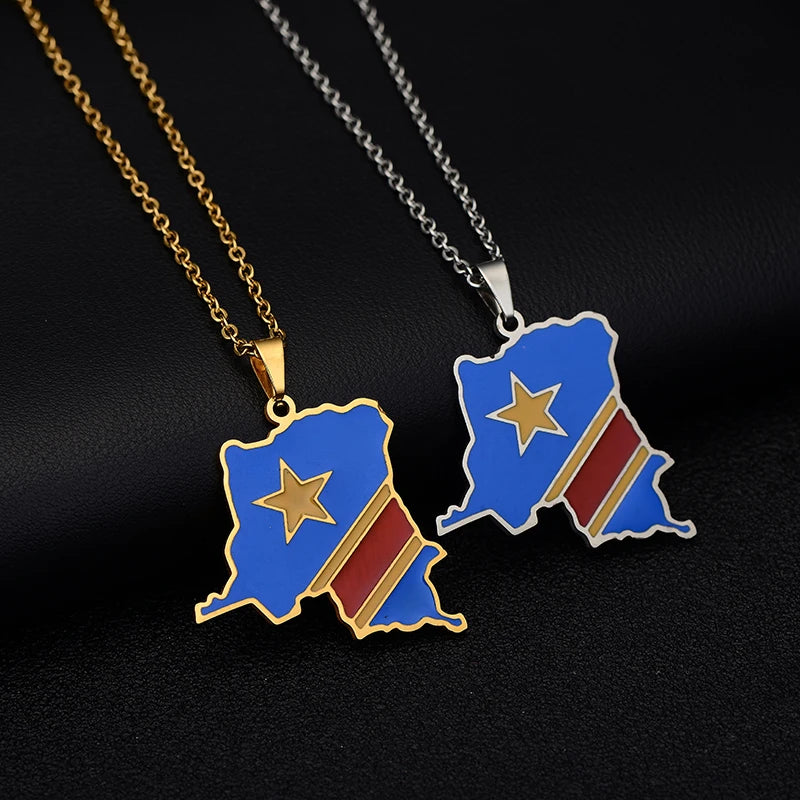 Collier Carte RDCongo "Héritage Royal" – Acier Inoxydable Or ou Argent | Édition Rumba / Kongo
