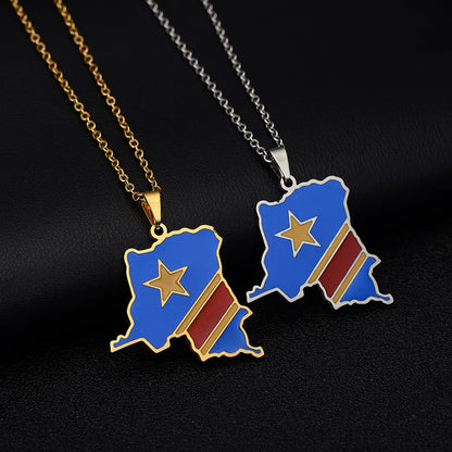 Collier Carte RDCongo "Héritage Royal" – Acier Inoxydable Or ou Argent | Édition Rumba / Kongo