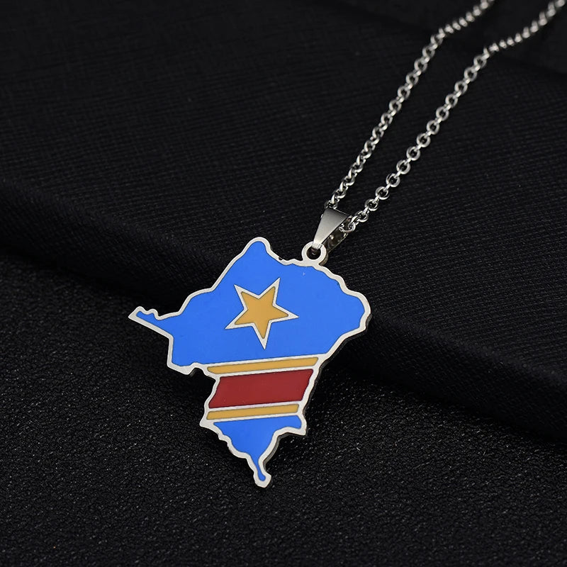 Collier Carte RDCongo "Héritage Royal" – Acier Inoxydable Or ou Argent | Édition Rumba / Kongo