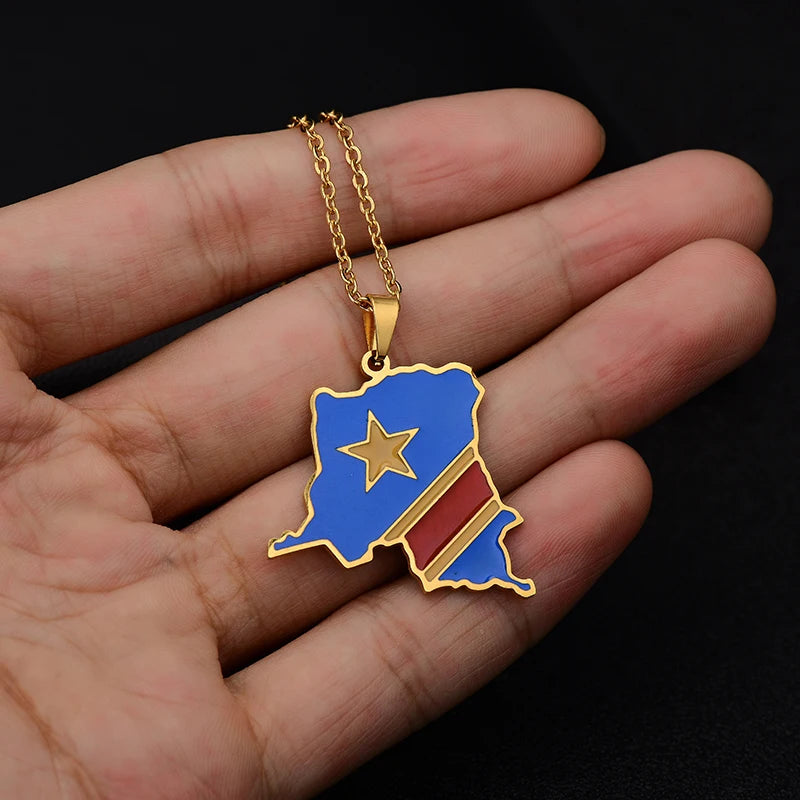 Collier Carte RDCongo "Héritage Royal" – Acier Inoxydable Or ou Argent | Édition Rumba / Kongo