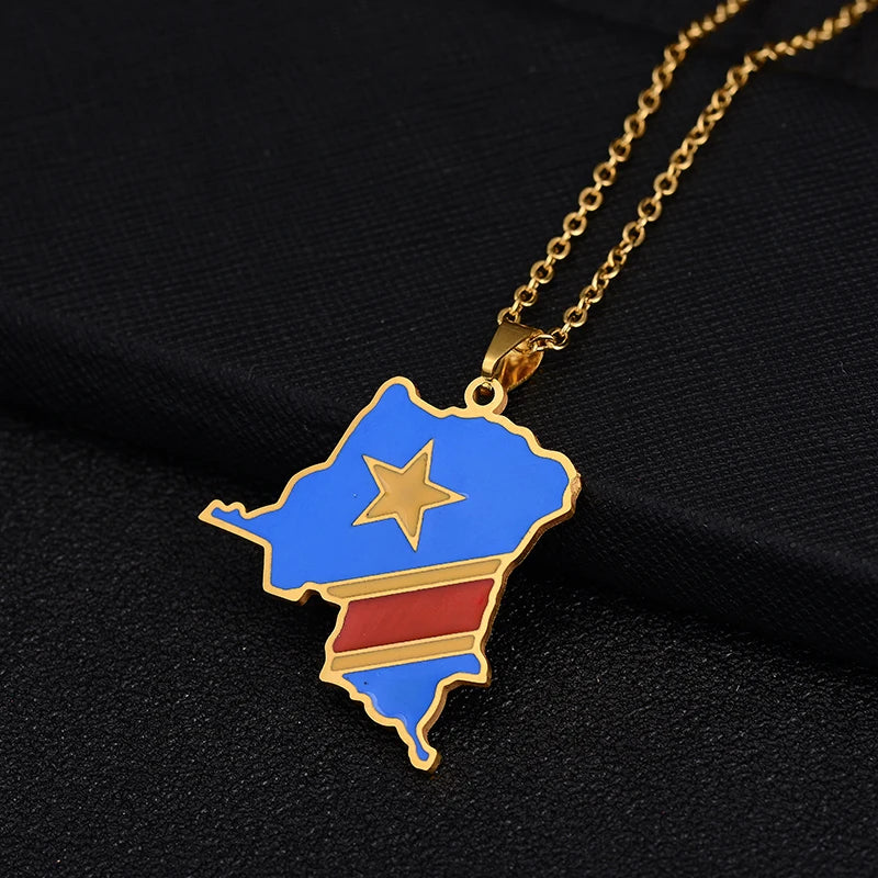Collier Carte RDCongo "Héritage Royal" – Acier Inoxydable Or ou Argent | Édition Rumba / Kongo