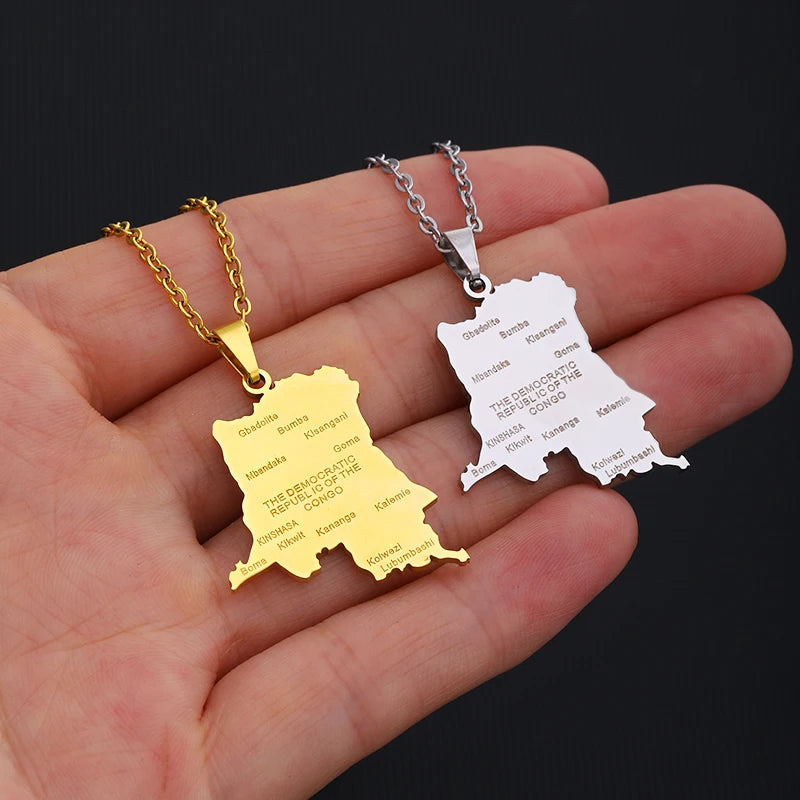 Collier Carte RDCongo – Héritage Rumba 🇨🇩 | Acier Inoxydable Or & Argent