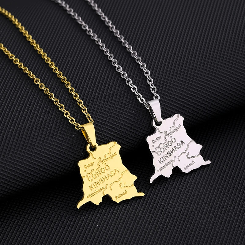 Collier Carte RDCongo – Héritage Rumba 🇨🇩 | Acier Inoxydable Or & Argent