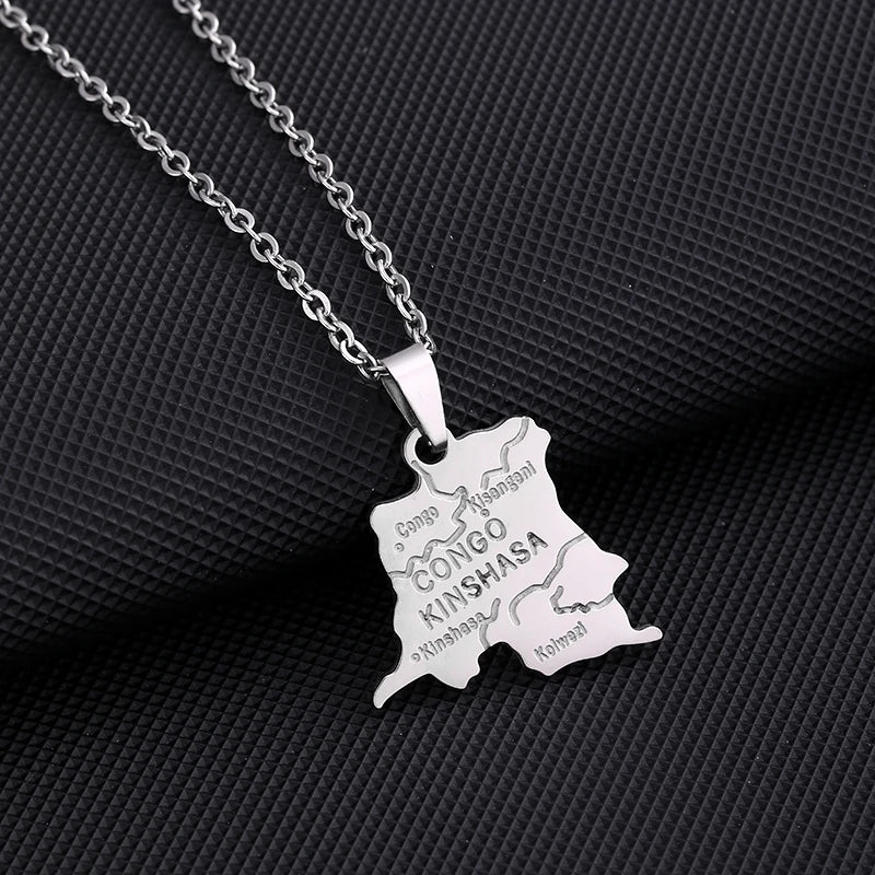 Collier Carte RDCongo – Héritage Rumba 🇨🇩 | Acier Inoxydable Or & Argent
