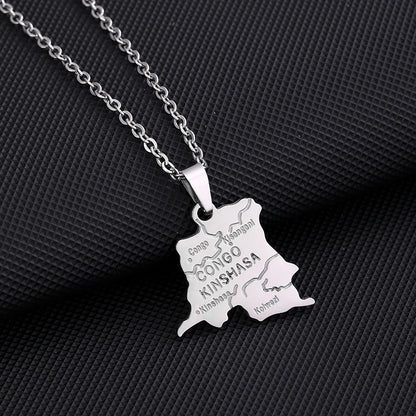 Collier Carte RDCongo – Héritage Rumba 🇨🇩 | Acier Inoxydable Or & Argent