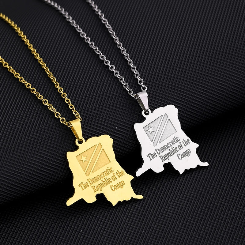 Collier Carte RDCongo – Héritage Rumba 🇨🇩 | Acier Inoxydable Or & Argent