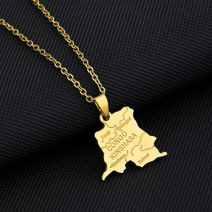 Collier Carte RDCongo – Héritage Rumba 🇨🇩 | Acier Inoxydable Or & Argent
