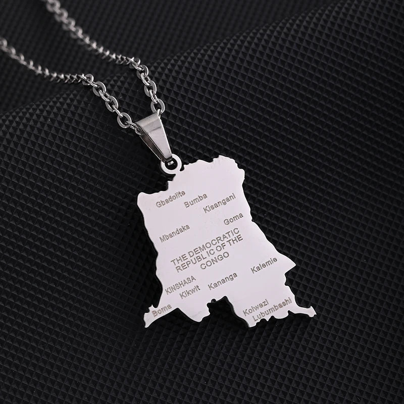 Collier Carte RDCongo – Héritage Rumba 🇨🇩 | Acier Inoxydable Or & Argent