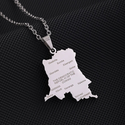 Collier Carte RDCongo – Héritage Rumba 🇨🇩 | Acier Inoxydable Or & Argent