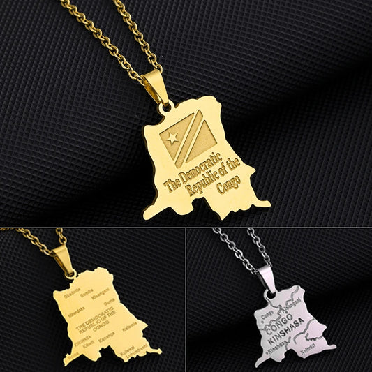 Collier Carte RDCongo – Héritage Rumba 🇨🇩 | Acier Inoxydable Or & Argent