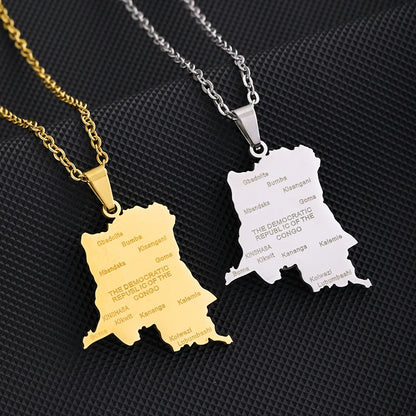 Collier Carte RDCongo – Héritage Rumba 🇨🇩 | Acier Inoxydable Or & Argent