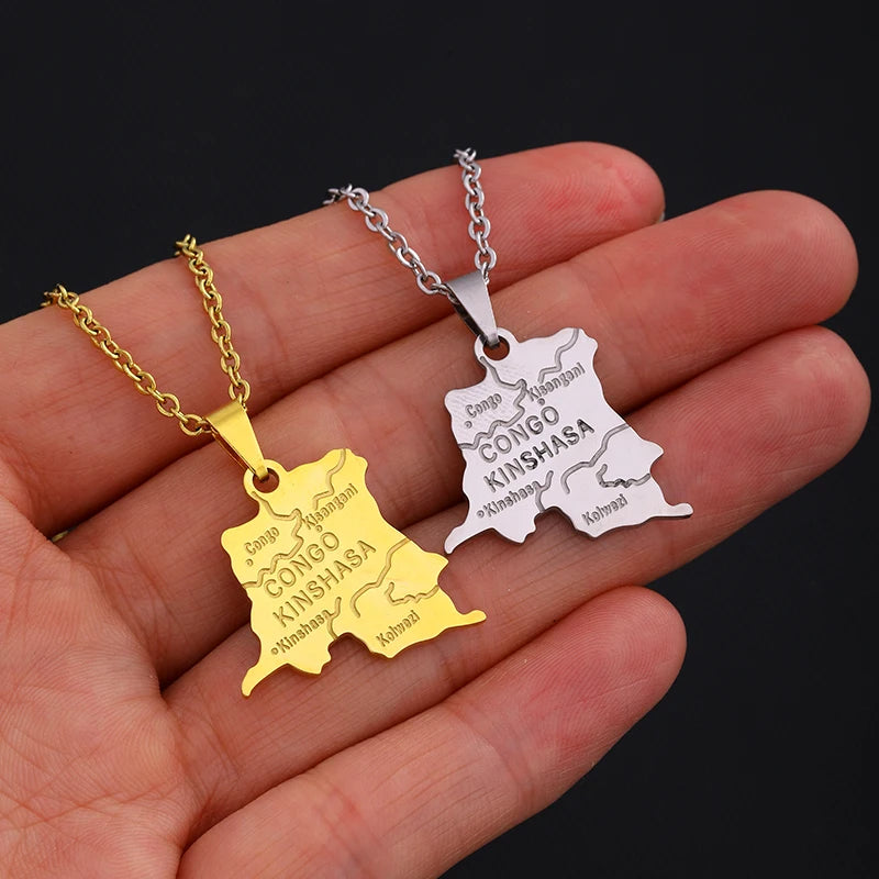 Collier Carte RDCongo – Héritage Rumba 🇨🇩 | Acier Inoxydable Or & Argent