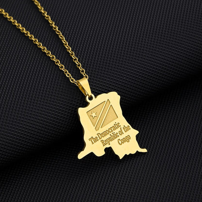 Collier Carte RDCongo – Héritage Rumba 🇨🇩 | Acier Inoxydable Or & Argent
