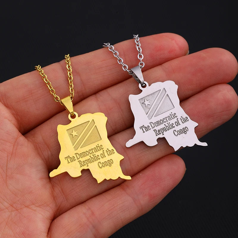 Collier Carte RDCongo – Héritage Rumba 🇨🇩 | Acier Inoxydable Or & Argent