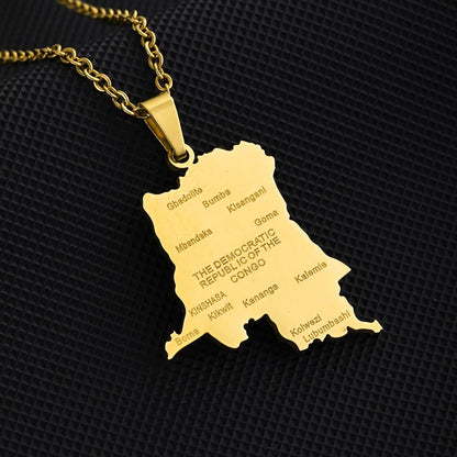 Collier Carte RDCongo – Héritage Rumba 🇨🇩 | Acier Inoxydable Or & Argent
